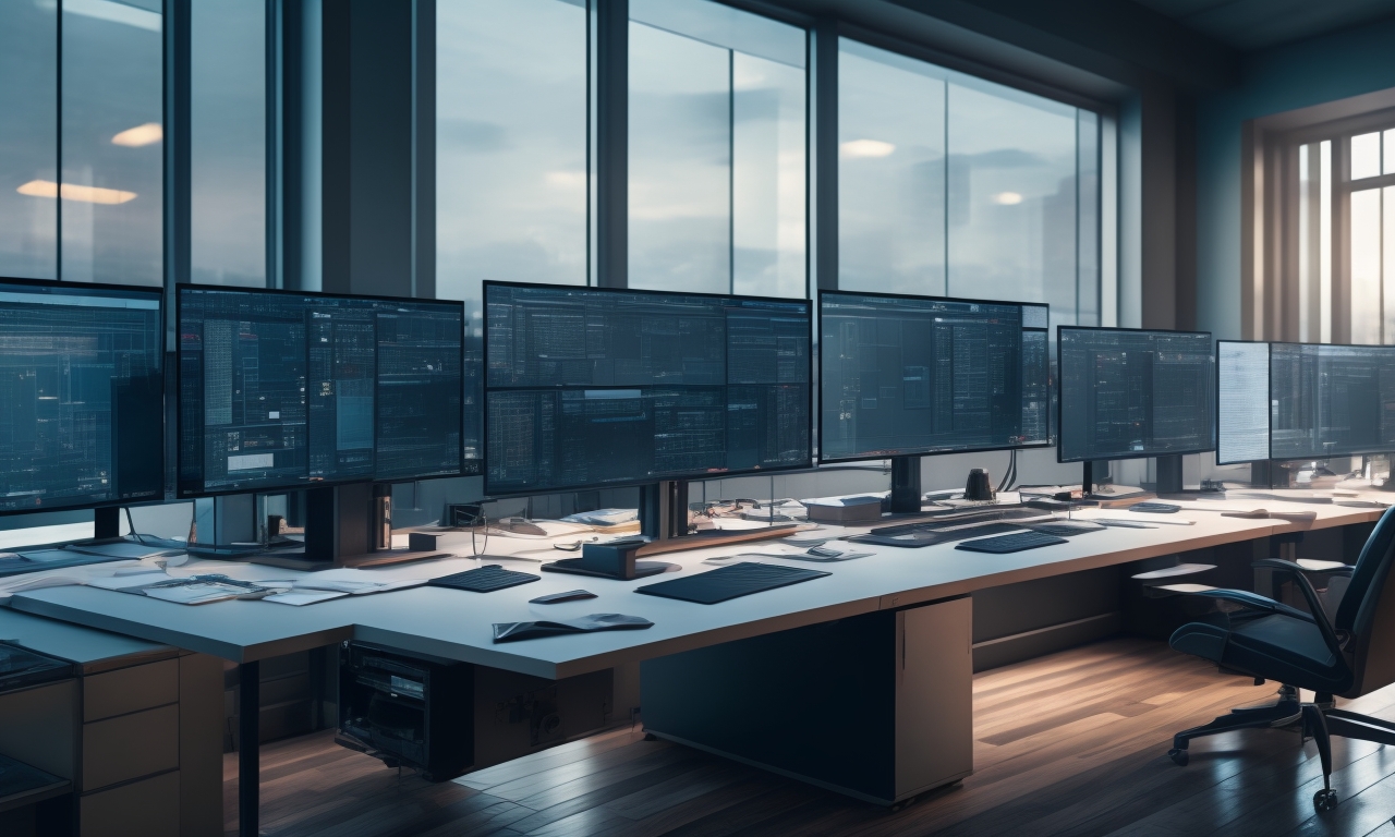 A cinematic editorial image showing a modern architect’s workspace with three sleek computer screens displaying distinct high-quality architectural renderings, each representing different real-time rendering styles, surrounded by cost-analysis documents and subtle ambient lighting that conveys strategic decision-making in digital design.