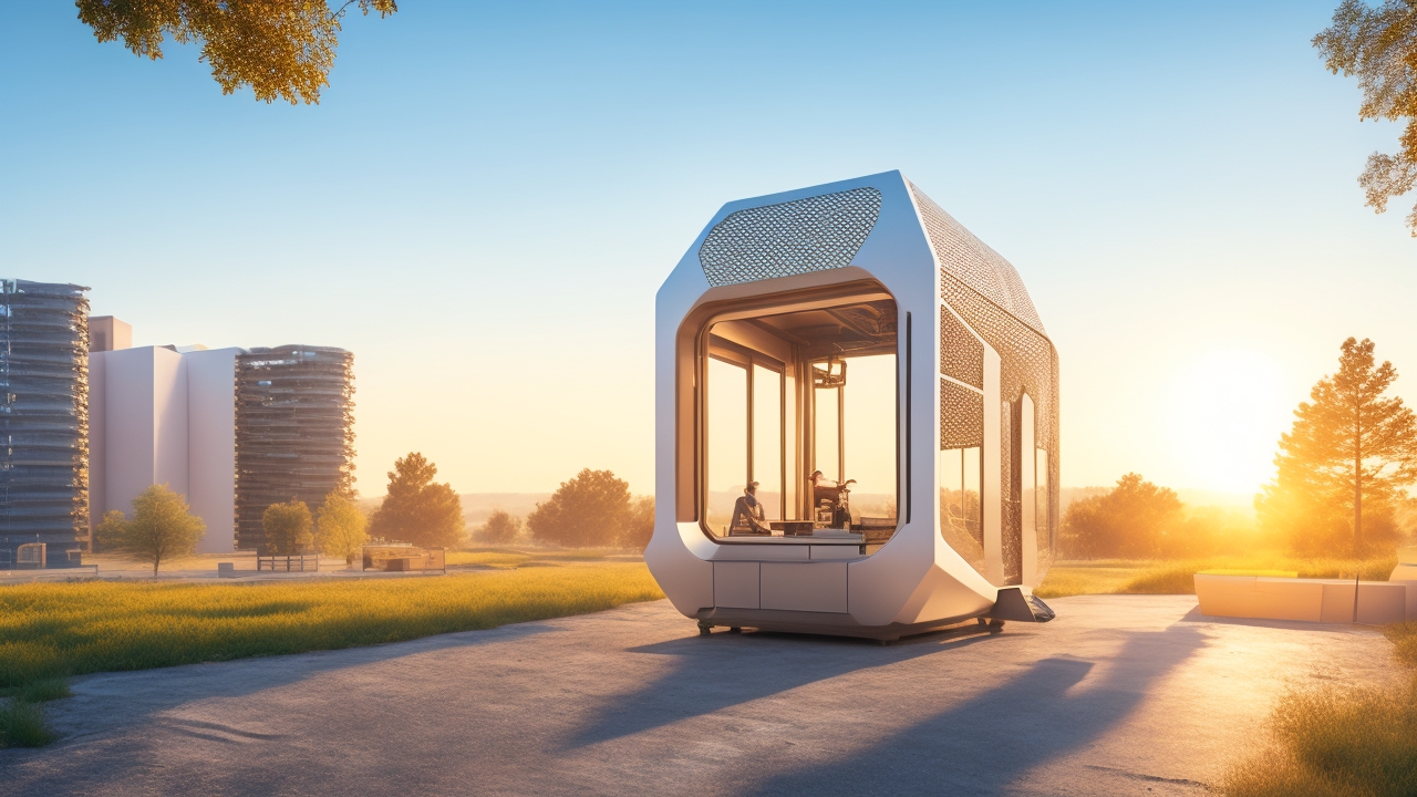 A cinematic, wide-angle view of a futuristic 3D printer actively constructing a modern, sustainable house layer by layer on a construction site bathed in warm natural light, showcasing cutting-edge additive manufacturing technology integrated into a vibrant urban environment.