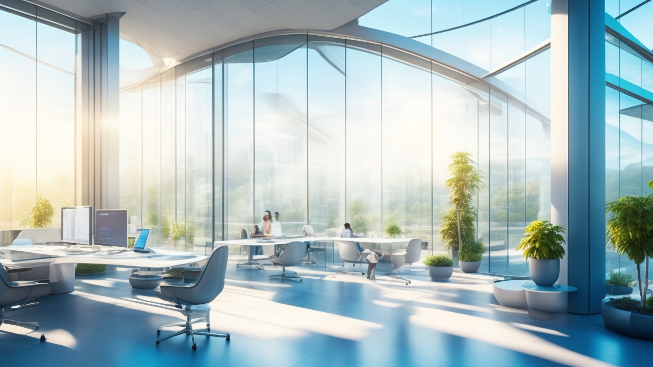A futuristic architectural workspace bathed in natural light, featuring architects and engineers collaborating around digital holographic blueprints and AI-driven design interfaces, with sleek smart materials and sustainable urban structures subtly visible through expansive windows.