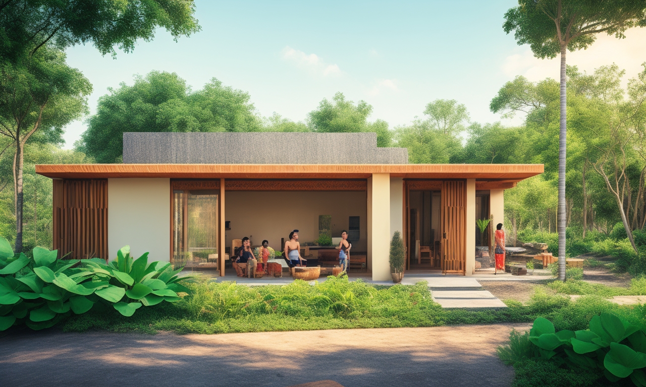 A cinematic editorial photograph of a modern eco-friendly home in Mexico under warm natural light, showcasing sustainable construction materials like bamboo frameworks, adobe walls, and compressed earth blocks, with a backdrop of lush greenery and a happy Mexican family working together on the house exterior, conveying community, innovation, and green building success.