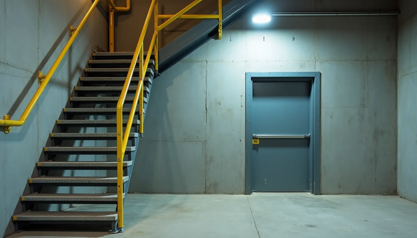 Escalera metálica de servicio con barandal amarillo junto a una puerta metálica con barra de pánico en un muro de concreto