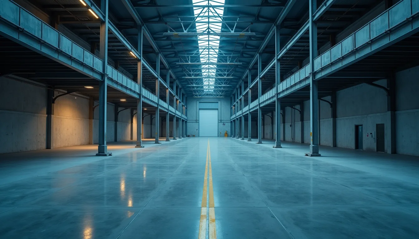 Pasillo central de una nave industrial con piso pulido y franja amarilla de seguridad (imagen ilustrativa)