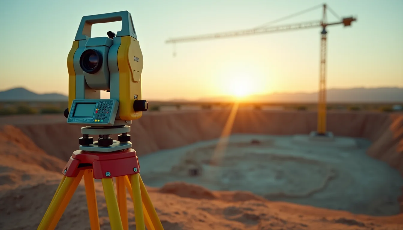 Instrumento topográfico sobre tripié frente a una excavación al atardecer