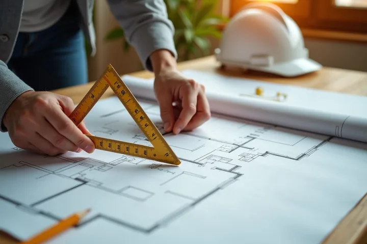 Plano de una casa con escalímetro, cinta métrica y casco sobre el escritorio