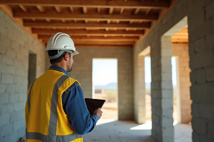Residente de obra revisando la estructura de una casa con una tableta