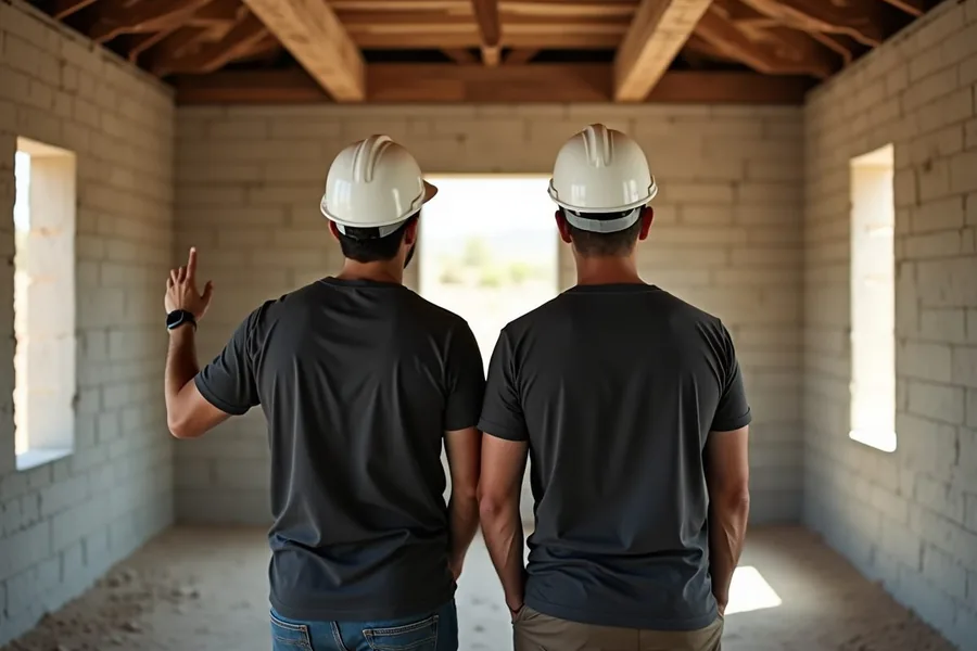Arquitecto e ingeniero de Supernova Arquitectos recorriendo una casa en construcción en Chihuahua